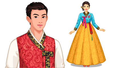 Vector illustration of south Korean couple in traditional outfit