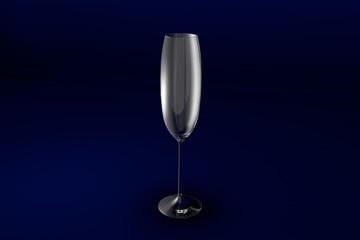 3D illustration of flute champagne glass on dark blue design background - drinking glass render