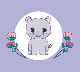 cute hippopotamus in frame circular with flowers