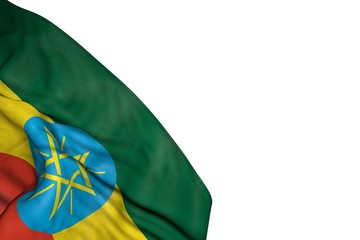 beautiful Ethiopia flag with large folds lying in bottom left corner isolated on white - any celebration flag 3d illustration..