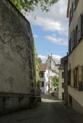 Old medieval streets of Basel in Switzerland during a warm spring morning