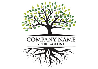 Tree and roots logo illustration. Vector silhouette of a tree