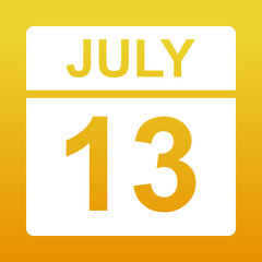 July 13. White calendar on a colored background. Day on the calendar. Illustration.