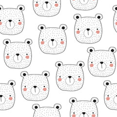 Modèle sans couture blanc et noir avec visage d& 39 ours. Imprimé nordique pour enfants mignons. Illustration vectorielle dessinés à la main.