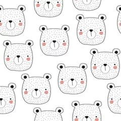 Behang Wit en zwart naadloos patroon met beergezicht. Leuke Scandinavische print voor kinderen. Vector hand getekende illustratie. © bilaaa