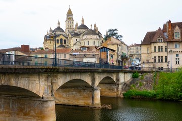 Naklejka na ściany i meble Perigueux, Nouvelle-Aquitaine, France, 04-21-2019.The historic center is dominated by the cathedral Saint Front, belongig to the UNESCO World Heritage site Camino de Santiago,