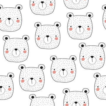 White and black seamless pattern with bear face. Cute kids nordic print. Vector hand drawn illustration.
