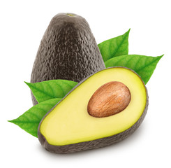 Whole and half brown avocados isolated on white background.