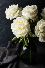 white peonies against a dark background