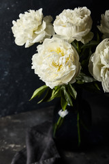 white peonies against a dark background