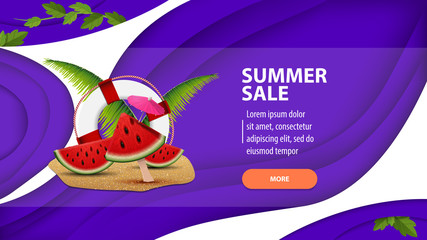 Summer sale, modern web banner in paper cut style for your website with watermelon slices, palm leaves and lifeline