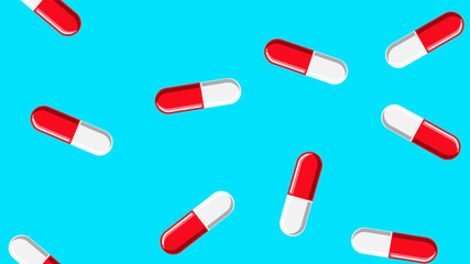 Seamless pattern texture of red oval white and red medical pharmaceutical pills capsules with medicine, drugs, vitamins on a blue background. Vector illustration