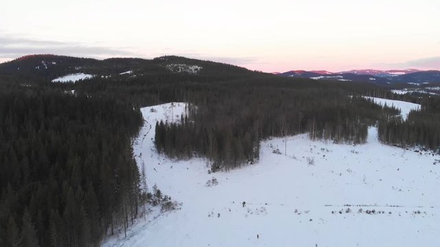 Panoramic view of high flying drone showing two walking hikers at the border of a norwegian forrest with fading daylight above the horizon in the background.