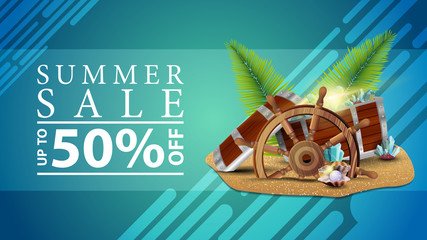 Summer sale, discount web banner for your site in a modern style with treasure chest, ship steering wheel, palm leaves, gems and pearls