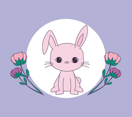 cute rabbit in frame circular with flowers