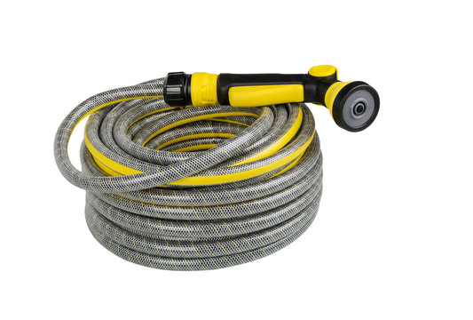 Garden Hose Rolled Up Isolated on a White Background. Hose-pipe with coupling, connector.