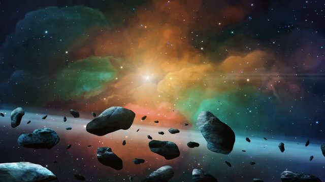 Space scene. Asteroid fly with colorful nebula and stars. Elements furnished by NASA. 3D rendering