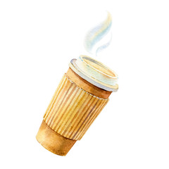 Take away coffee with cup holder, hand drawn - watercolor Illustration