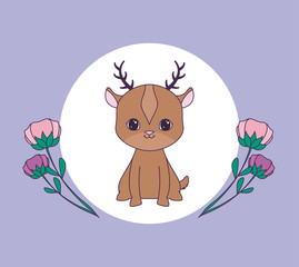 cute reindeer in frame circular with flowers