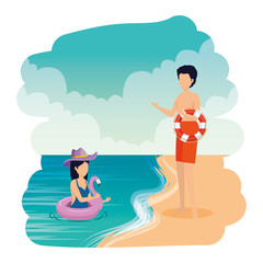 young couple with floats on the beach