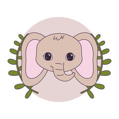 head of cute elephant in frame circular with crown of leafs