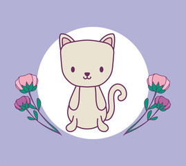 cute cat animal in frame with flowers decoration