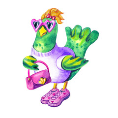 Watercolor, parrot in a t-shirt, sneakers, glasses and a pink handbag