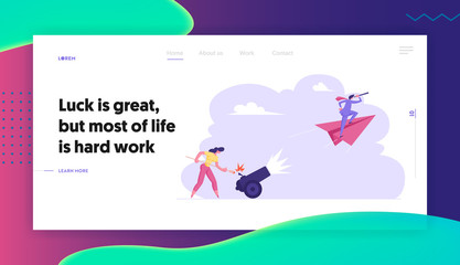 Business Woman is Setting on Fire the Cannon with Businessman flying on Paper Plane Landing Page Template. Goal Achievement, Leadership Concept Website Banner. Vector flat illustration