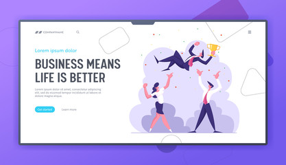 Business Team Celebrating Success Landing Page Template. Businessman with Winner Cup. Group of Cheering People Celebrate Victory. Leadership, Teamwork Concept Web banner. Vector flat illustration