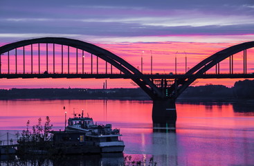 Bright sunset on  Volga River near  city of Rybinsk
