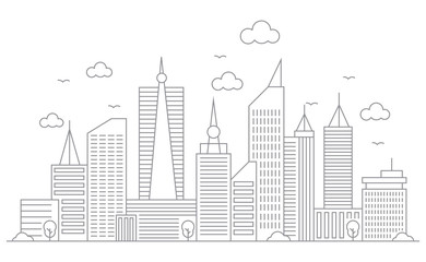 Thin line style city panorama. Illustration of urban landscape skyline city office buildings. Outline cityscape