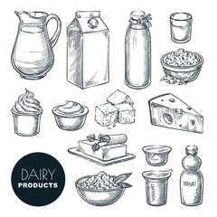 Fototapeta Dairy farm fresh products set. Vector hand drawn sketch illustration. Milk bottle, cottage cheese, yogurt, butter icons obraz