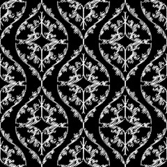 Damask embroidery vector seamless pattern. Baroque tapestry black and white background. Vintage embroidered ornament. Repeat textured backdrop. Ornate grunge stitching style design. Endless texture