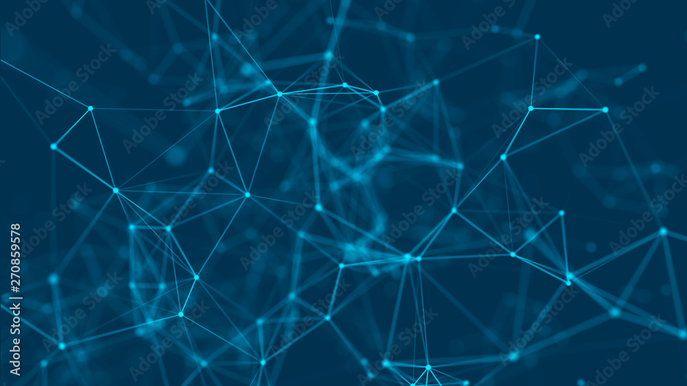 Aufkleber Abstract background with connecting dots and lines. Distribution of triangular shapes in space. Big data. Network connection structure. 3D