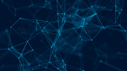 Abstract background with connecting dots and lines. Distribution of triangular shapes in space. Big data. Network connection structure. 3D