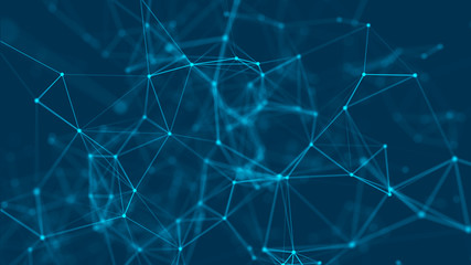 Abstract background with connecting dots and lines. Distribution of triangular shapes in space. Big data. Network connection structure. 3D
