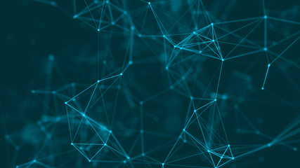 Abstract background with connecting dots and lines. Distribution of triangular shapes in space. Big data. Network connection structure. 3D