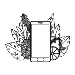 summer frame with tropical fruits and smartphone