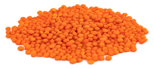 Red lentils isolated on white background. Clipping Path