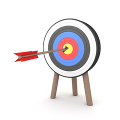 3D Rendering of arrow hitting the middle of a target