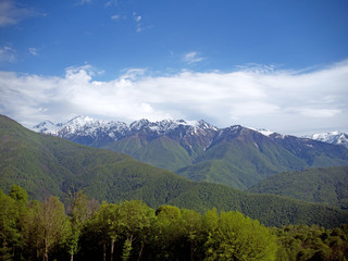 Fototapeta na wymiar Beautiful green mountains below and mountains with snow at the height of Krasnaya Polyana