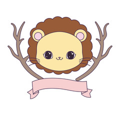 cute lion with tree branches and ribbon