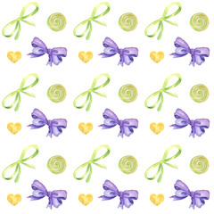 Candy bar hand drawn watercolor pattern, Lollipop and bow bright colors - purple, green, yellow Scrapbook paper on white background, Sweet Birthday Party