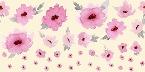 Horizontal seamless border with pastel rose flowers on beige background.