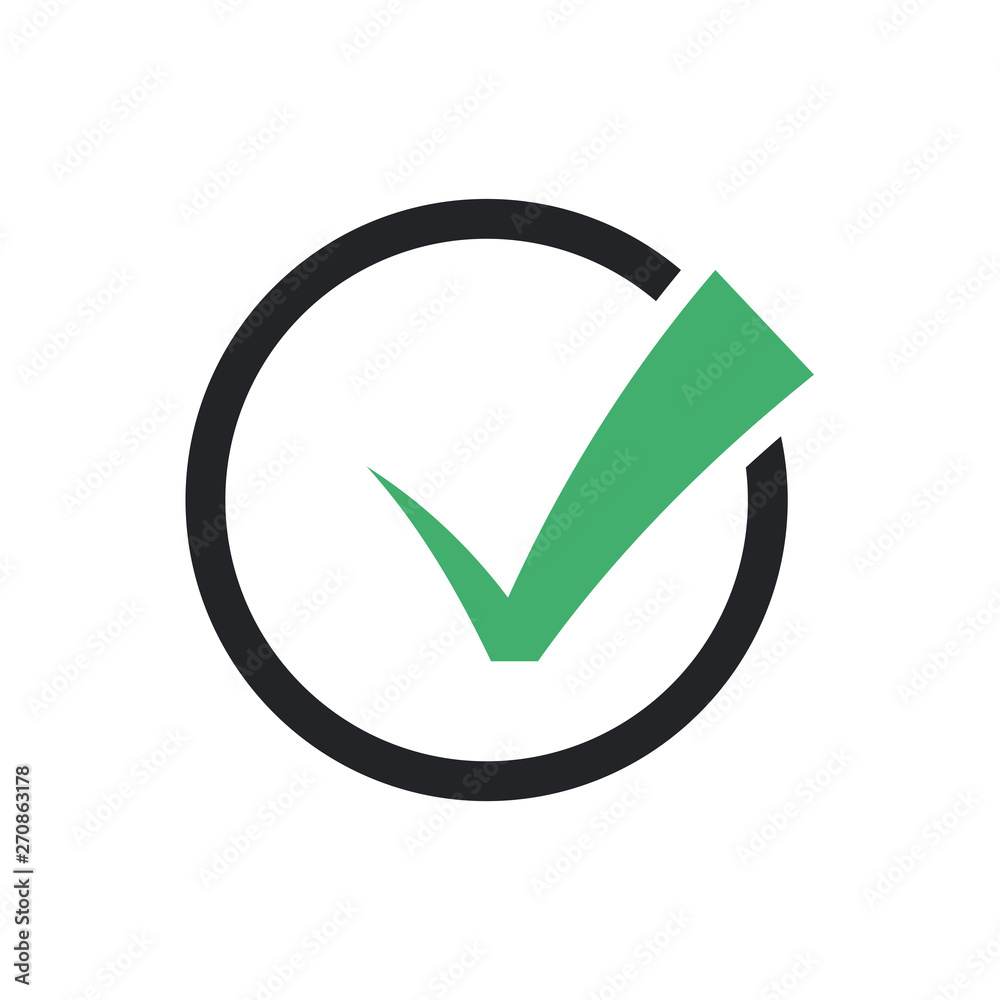 Aufkleber Green check mark icon in a black circle. Flat icon checklist mark symbol vector illustration.