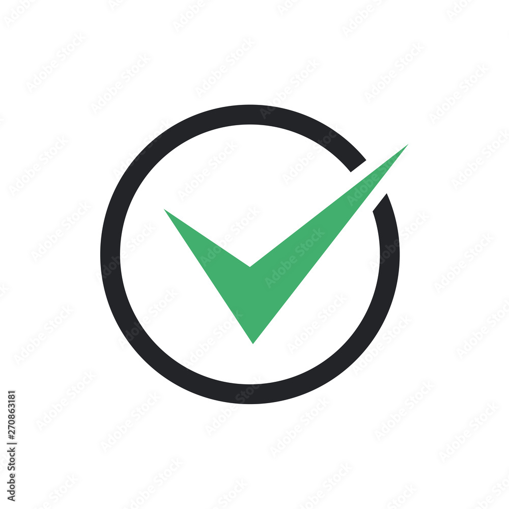 Poster green check mark icon in a black circle. flat icon checklist mark symbol vector illustration.