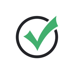 Green check mark icon in a black circle. Flat icon checklist mark symbol vector illustration.