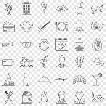 Wedding cafe icons set. Outline style of 36 wedding cafe vector icons for web for any design