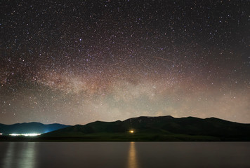 Obraz na płótnie Canvas The space of the universe. Beautiful panoramic view of the the lake and mountain with Milky Way galaxy.