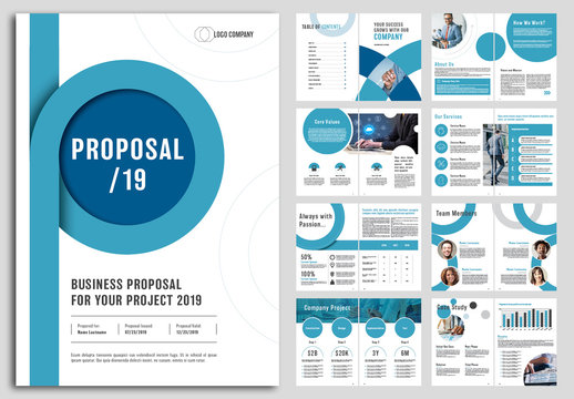 Business Proposal Layout with Blue Circular Accents